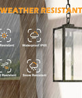 Outdoor Pendant Light Matte Black Adjustable Exterior Hanging Porch Lighting Waterproof Ceiling Mount Lamp With Clear Glass Shade For Front Porch And Entryway ETL Listed displaying weather resistance features.