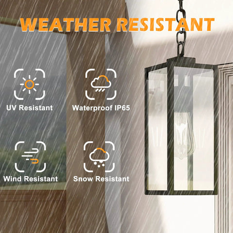Outdoor Pendant Light Matte Black Adjustable Exterior Hanging Porch Lighting Waterproof Ceiling Mount Lamp With Clear Glass Shade For Front Porch And Entryway ETL Listed displaying weather resistance features.
