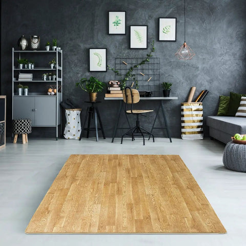 Wood Grain Foam Floor Tiles With Interlocking EVA Puzzle Mats And Borders, Three Eighths Inch Thick, 48 Sq Ft Coverage shown in room.