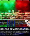 Wireless RGB Under Cabinet Lighting Kit with 48 LEDs shown illuminating bar with remote control, colorful atmosphere, 15 color options.