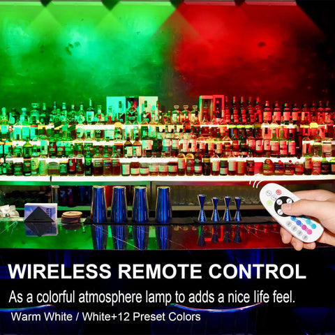 Wireless RGB Under Cabinet Lighting Kit with 48 LEDs shown illuminating bar with remote control, colorful atmosphere, 15 color options.
