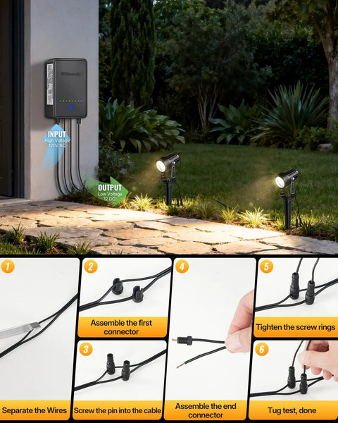 All In One LED Low Voltage Landscape Lighting Kit With 12 Aluminum 3W Lights 60W Transformer 100ft Cord And 24 Connectors setup guide