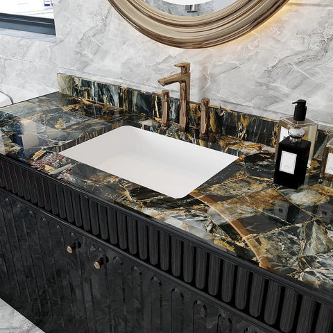Slate Gold Marble Countertop Contact Paper Peel And Stick Self Adhesive Vinyl Waterproof DIY Friendly Glossy Finish For Kitchen And Bathroom Countertops 15.7 Inch Wide By 118 Inch Long Roll over sink area
