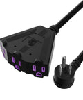 Beefy 100 Ft Heavy Duty Outdoor Extension Cord with 3 outlets, 12/3 12AWG SJTW, 3 prong plug, ETL listed, black, close-up angle