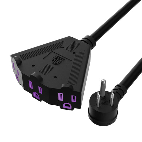 Beefy 100 Ft Heavy Duty Outdoor Extension Cord with 3 outlets, 12/3 12AWG SJTW, 3 prong plug, ETL listed, black, close-up angle