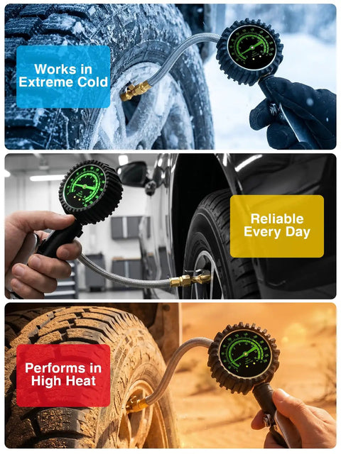 Heavy Duty Tire Pressure Gauge With Large Glow Dial And Steel Braided Hose Reaching Two Hundred Thirty Psi Via Quick Connect Coupler for extreme cold and heat.