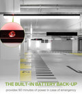 4-Foot Linear LED Shop Lights With Emergency Backup Battery 25W-40W 120-277V in a parking garage, illuminated and highlighted.