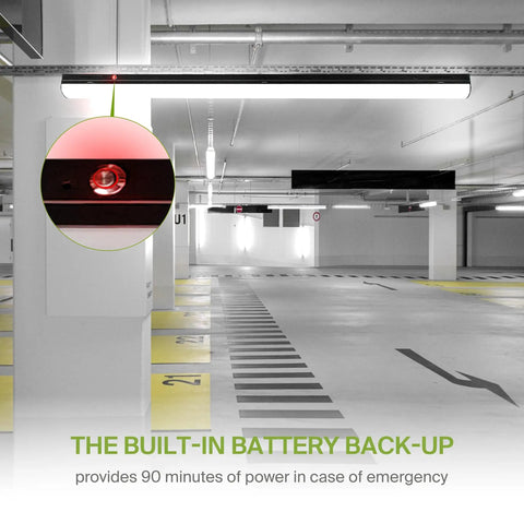 4-Foot Linear LED Shop Lights With Emergency Backup Battery 25W-40W 120-277V in a parking garage, illuminated and highlighted.