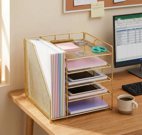 Five Tier Desktop File Organizer With Magazine Holder In Gold Finish on desk with papers and office supplies neatly arranged.
