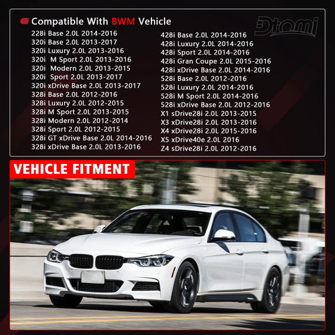 Compatible BMW models list above a white BMW on the road. Part: Engine Air Intake Hose For BMW Heavy Duty Air Duct Tube Fit 228i 320i 328i XDrive 528i F20 F30 F10 X1 X3 X4 X5 Z4 2 0L 2012 To 2017 Replace 13717605638 Plug And Play.