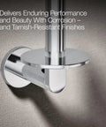 Close-up of vertical toilet paper holder wall mount in polished chrome built to last durable metal for moisture and everyday use