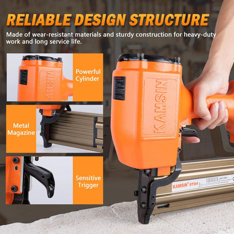 Heavy Duty Pneumatic Concrete T Nailer For Truss Building And Hardwood, 14 Gauge ST64 Nail Gun, aluminum body close-up