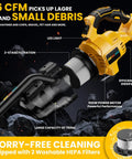 Close-up of Straight Up Powerhouse Lightweight Cordless Handheld Vacuum showcasing 500W motor, HEPA filter, and 750ml capacity.