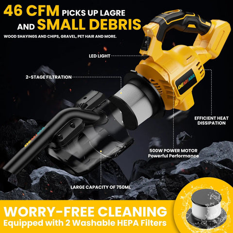 Close-up of Straight Up Powerhouse Lightweight Cordless Handheld Vacuum showcasing 500W motor, HEPA filter, and 750ml capacity.