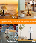 Cordless LED Table Lamp With 4000mAh Rechargeable Battery in various settings like party, cafe, restaurant, and corner.