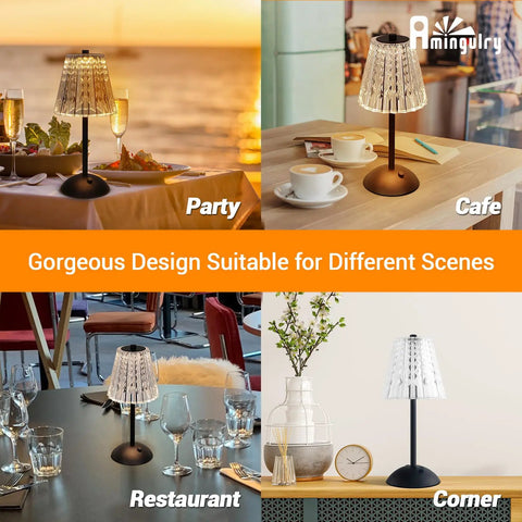 Cordless LED Table Lamp With 4000mAh Rechargeable Battery in various settings like party, cafe, restaurant, and corner.