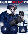 Two Pairs Heavy Duty Chemical Resistant Rubber Gloves For Industrial Cleaning And Dishwashing Acid Alkali Safe Hazmat Ready Tough As Nails Grip With Smooth Sliding Action And Odor Free Feel In Black Large worn by a person holding a beaker.