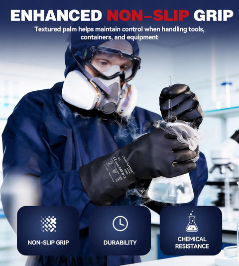 Two Pairs Heavy Duty Chemical Resistant Rubber Gloves For Industrial Cleaning And Dishwashing Acid Alkali Safe Hazmat Ready Tough As Nails Grip With Smooth Sliding Action And Odor Free Feel In Black Large worn by a person holding a beaker.