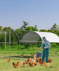 Heavy Duty 12.5 Foot Metal Chicken Coop With Galvanized Walk In Run And Waterproof PE Cover Dome Shaped Poultry Cage with chickens and farmer