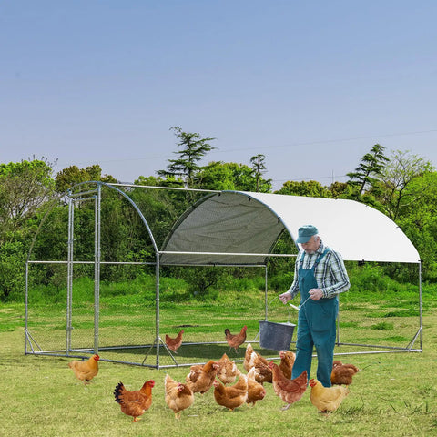 Heavy Duty 12.5 Foot Metal Chicken Coop With Galvanized Walk In Run And Waterproof PE Cover Dome Shaped Poultry Cage with chickens and farmer