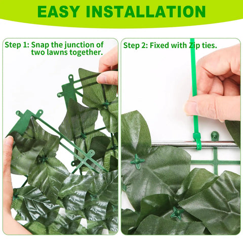 Realistic Fake Ivy Privacy Fence Screen 40x120 Inches For Indoor Outdoor Use No Fuss Easy Install 12 Link Panel Cut To Size UV Resistant PE Ivy Wall Hedges For Privacy And Decor being easily installed using zip ties and snap junctions.