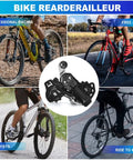 Collage showcasing RD-TY200 6 To 7 Speed Rear Derailleur Direct Mount for mountain and city bikes, heavy-duty steel.
