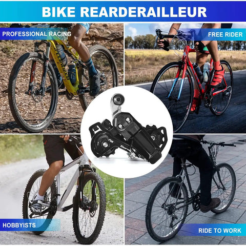 Collage showcasing RD-TY200 6 To 7 Speed Rear Derailleur Direct Mount for mountain and city bikes, heavy-duty steel.