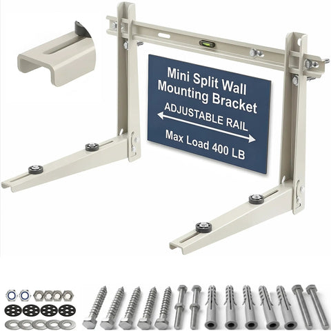 Beefed Up Mini Split Wall Mount Bracket For Outdoor Use With 400 lb Load Capacity, showing components and anti-vibration pads