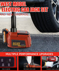 5 Ton Cordless Electric Car Jack Kit With 21V Battery And 4.0Ah Pack lifting a sedan tire, showcasing remote control hydraulic lift.