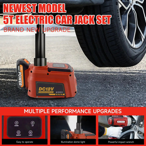 5 Ton Cordless Electric Car Jack Kit With 21V Battery And 4.0Ah Pack lifting a sedan tire, showcasing remote control hydraulic lift.
