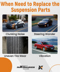 Four signs of suspension issues: clunking noise, steering wander, uneven tire wear, vibration on Hyundai Elantra models.