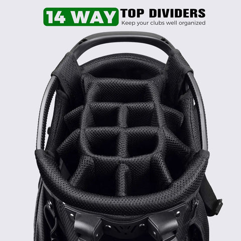 Lightweight 14 Way Golf Stand Bag With Dual Straps, full length dividers, top view showing 14-way organization for clubs