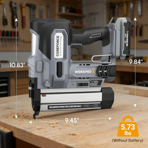 A Total Game Changer 20V Cordless Brad Nailer And Staple Gun Kit with compact design, measures 10.83" x 9.45" for easy use.
