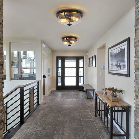 Black Flush Mount Ceiling Light Two Light Farmhouse Outdoor Porch Fixture With Seeded Glass Shade for indoor use in hallway.