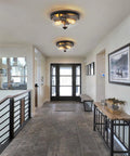 Brushed Nickel Two Light Flush Mount Ceiling Fixture With Seeded Glass Shade for Indoor Outdoor Use in modern hallway