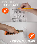 Hand using template and pencil with drywall saw for In Wall TV Cable Management Kit With Dual Outlet For Wall Mounted TVs Hides Power