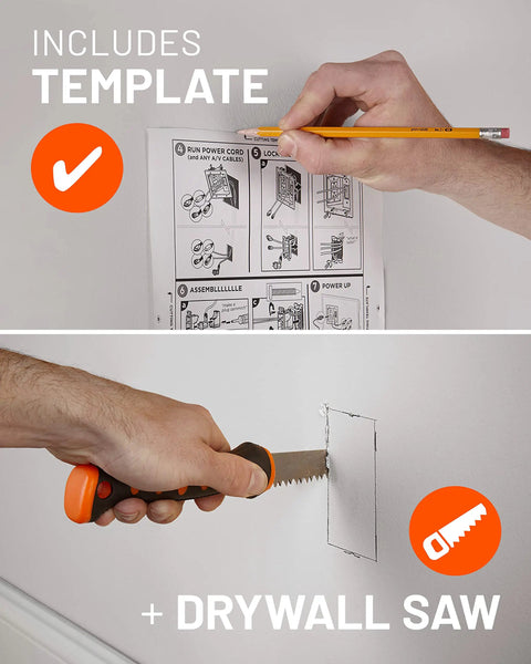Hand using template and pencil with drywall saw for In Wall TV Cable Management Kit With Dual Outlet For Wall Mounted TVs Hides Power