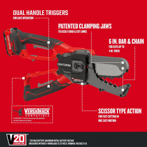 Cordless Lopper With 6 Inch Cut Range And Patented Clamping Jaws, Prunes In One Easy Swing, Cleanly Cuts Up To 4 Inch Branches
