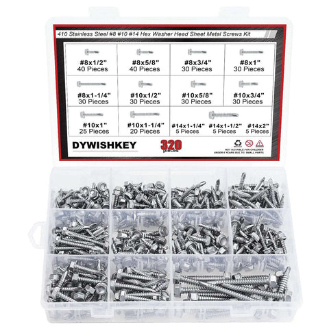 320 Piece 410 Stainless Steel Hex Washer Head Self Drilling Sheet Metal Screws Assortment Kit open box view