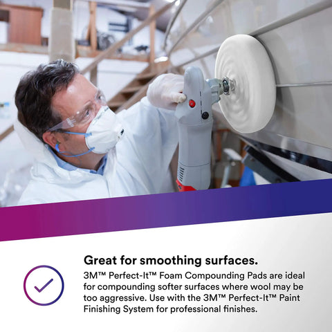 Person using Perfect-It Foam Compounding Pad 8-Inch White High-Performance Detailing Pad on vehicle surface