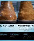 Shoe Protector Spray Waterproof Formula Builds Invisible Shield For Sneakers And Boots Against Rain Slush Mud And Coffee To Keep Your Kicks Looking Legit All Year Long showing wet vs dry boot protection.