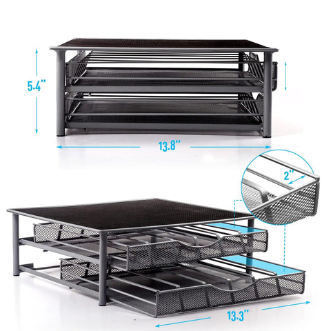 Two Tier Coffee Pod Drawer Organizer For Office And Kitchen, 72 Pod Capacity, Compatible With Dolce Gusto, sliding drawers open.