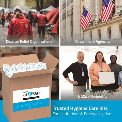 Travel Laundry Kit With Liquid Detergent Stain Remover Wipes Dryer Sheet And Disposable Laundry Bag For Motels Camping And Charities 500 Pack Bulk Supply box with hygiene items displayed for disaster relief and NGOs.