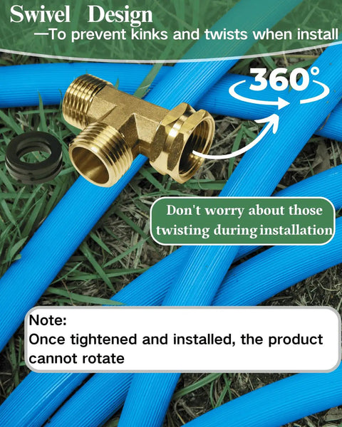 Beefy Brass Hose Tee Fitting Three Quarter Inch GHT Female To Male To Male Three Way Swivel Connector For Yard Watering Rust Resistant Leak Free Outdoor Hose Adapter Heavy Duty And Easy To Attach, brass 3-way tee on hoses