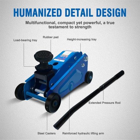 Beefy 2.5 Ton Mini Hydraulic Floor Jack With 4.13 To 17 Inch Lift Range Heightening Gasket Included, components labeled.