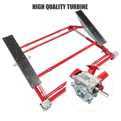 Portable Dual Workbench Scissor Lift Providing 4400 Lbs Capacity And Three Adjustable Widths, featuring red metal frame and hydraulic components.