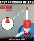 Heavy Duty Manual Drum Siphon Pump Works Like A Charm With Forty Eight Inch Flexible Hose, pressure release valve detail.