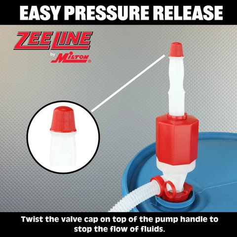 Heavy Duty Manual Drum Siphon Pump Works Like A Charm With Forty Eight Inch Flexible Hose, pressure release valve detail.