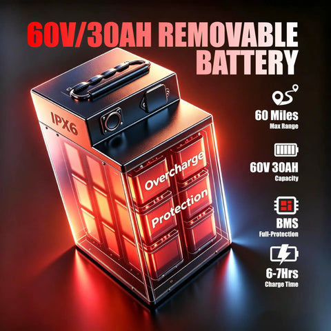 60V 30Ah removable battery designed for Heavy Duty Off Road Electric Dirt Bike With A Beast Mode 60V 30Ah Battery And 6000W Peak Motor.