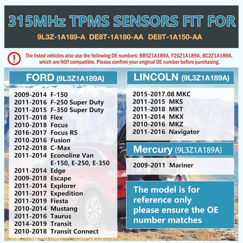 TPMS Tire Pressure Sensors 315MHz 4-Pack Pre-Programmed With OBD Relearn Ready For Ford F-150 2009-2014, Escape 2009-2018, Fusion 2010-2016, Lincoln MKS Replaces 9L3Z-1A189-A, DE8T-1A180-AA, DE8T-1A150-AA